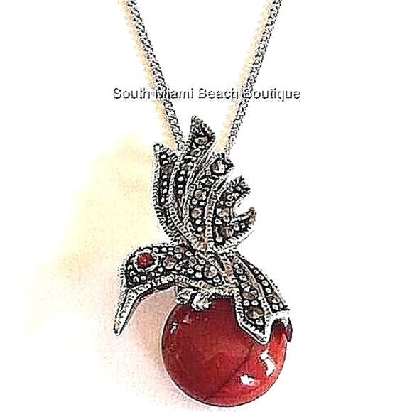 Hummingbird Necklace 19" Cubic Zirconia Marcasite Silver Rhodium Plated Red 19" - Picture 2 of 8